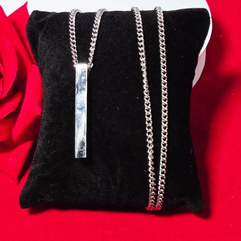 Silver Stainless Steel Bar Pendant Necklace 24